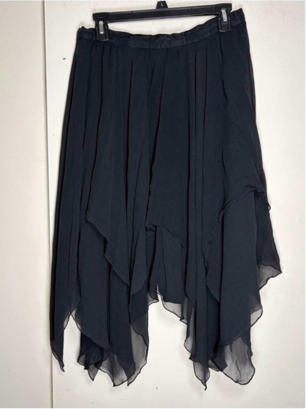 Vintage Black Tie by He-Ro Silk Layered Handkerchief Hem Midi Skirt Size 16